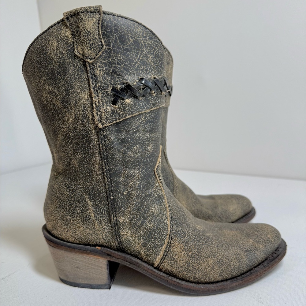 Old West Girl’s Distressed Leather Charcoal Cross Stitch Cowgirl Boots Size 2.5